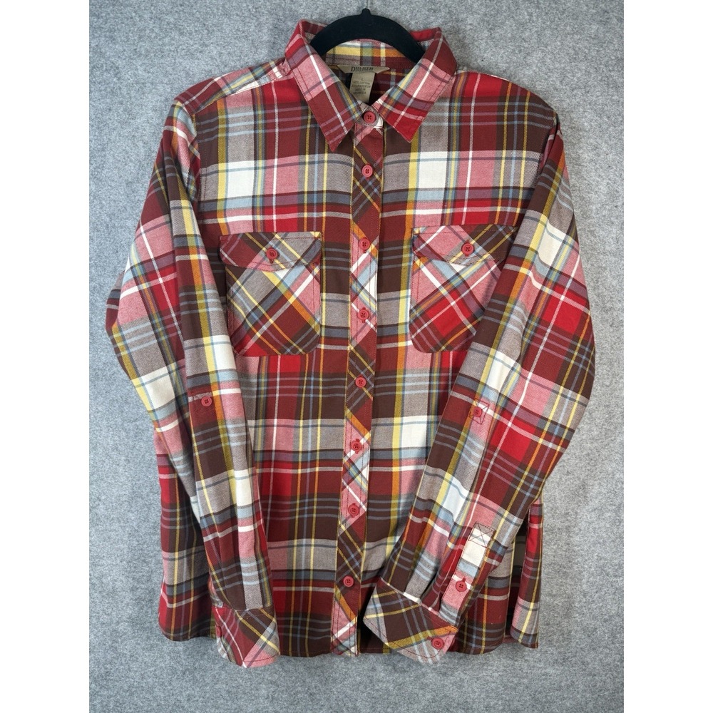 Duluth Trading Co Womens L Plaid Flannel Shirt Red Brown Fall Button Up Outdoor